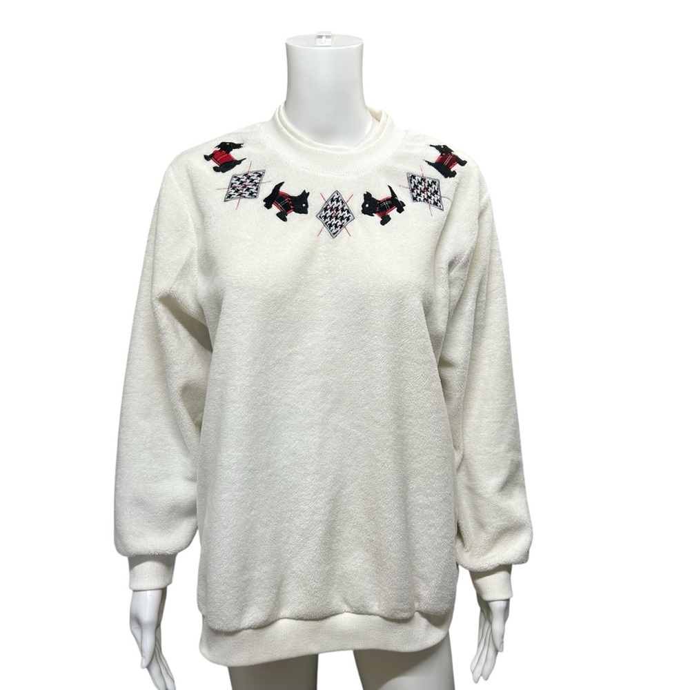 Alia Vintage 90s Embroidered Scottie Dog White Fleece Sweatshirt LP